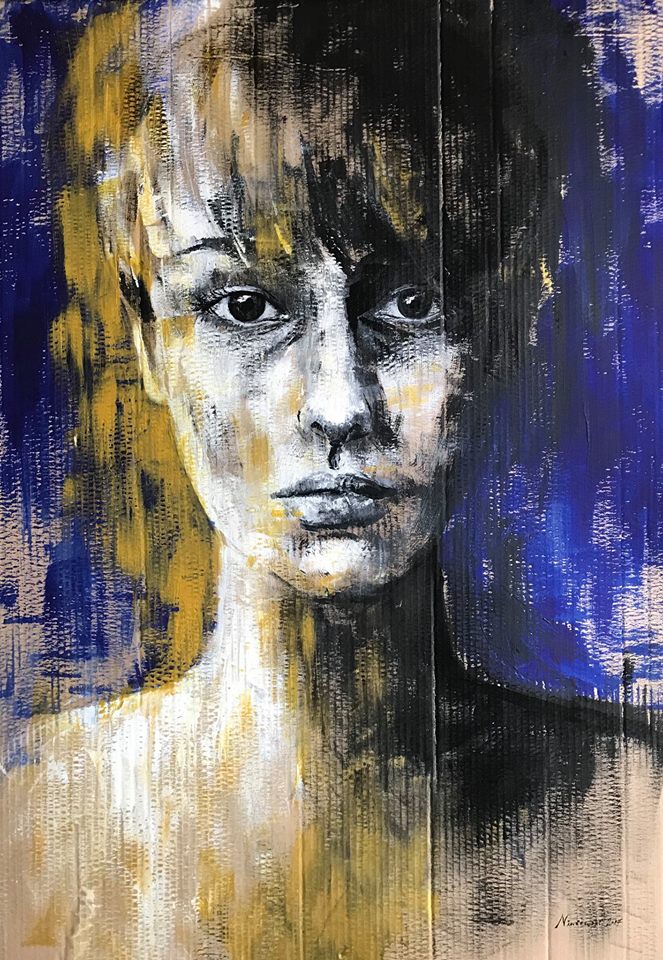 Ephemeral Presence, acrylic on cardboard contemporary portrait painting by Clara Niniewski