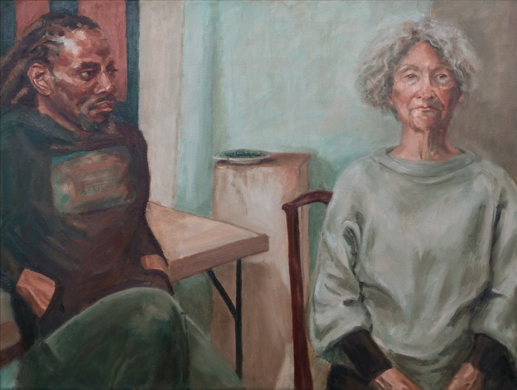 Sitting Together, Portrait of a Black Man and an Old Lady siting together, Oil on canvas by Clara Niniewski