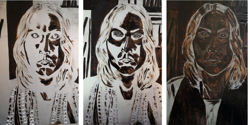 3 steps of varnish covering of the metal plate using the aquatint technique