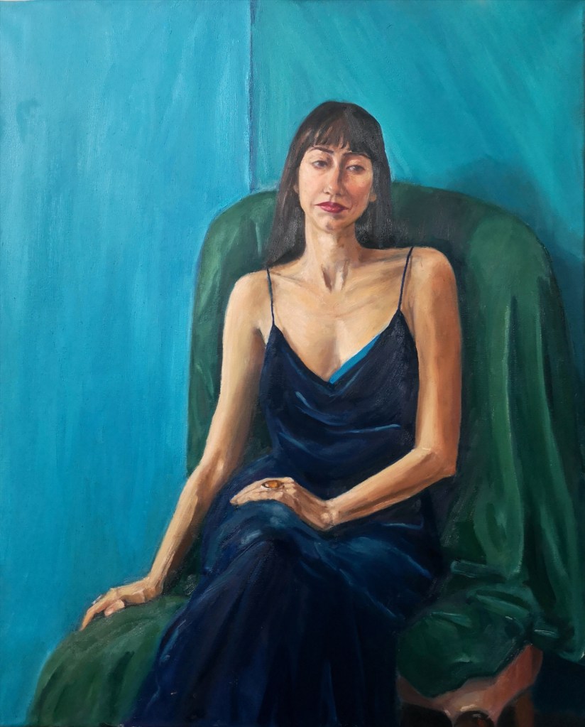 Waiting oil figurative painting portrait of a woman in a dark blue velvet dress on a green couch , by Clara Niniewski 