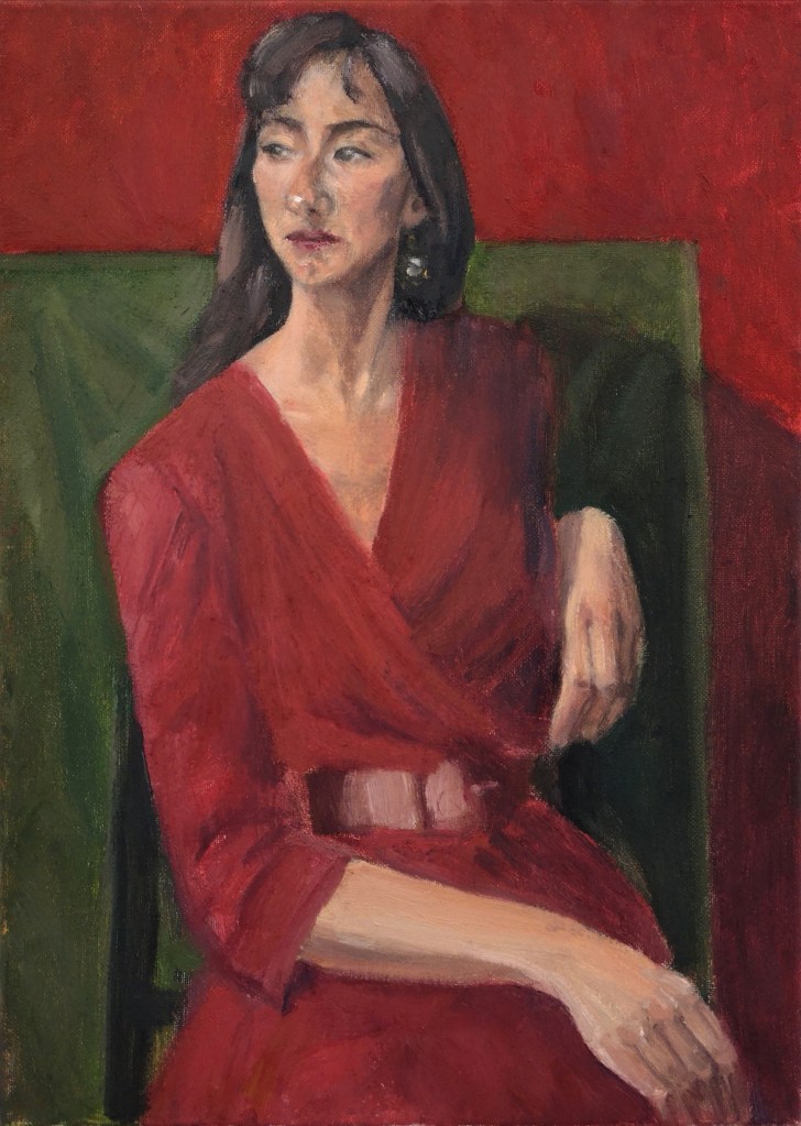 Girl In A Red Dress, oil painting portrait of a Spanish girl looking away, in a relaxed pose yet resolute.