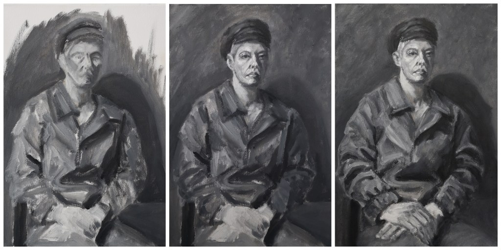 Progress shots of black and white greyscale oil painting portrait study of an androgynous woman in a hat and coat, Resolute by Clara Niniewski