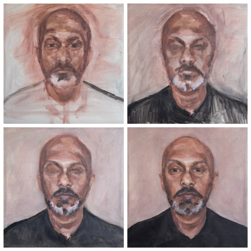 Process shots of the Portrait of Akram Khan by Clara Niniewski, oil on stretched linen