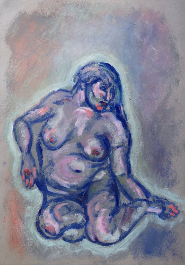 Girl Holding Her Foot After Lucian Freud oil on paper by Clara Niniewski available for sale for the artist support pledge