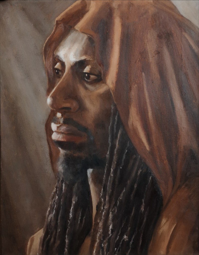 Portrait of a black man with dreadlocks and a brown hood, oil painting on canvas called Black Monk by Clara Niniewski