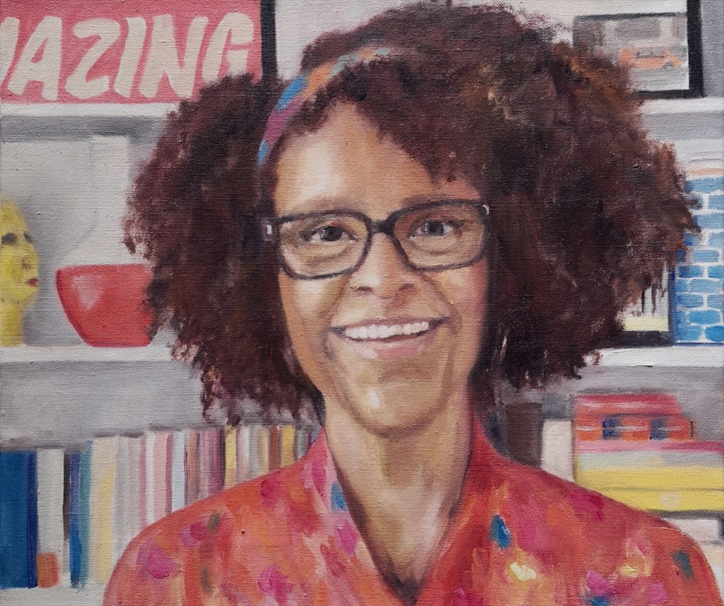 Portrait of author Bernardine Evaristo by Clara Niniewski as part of the artist of the week challenge, oil on linen canvas