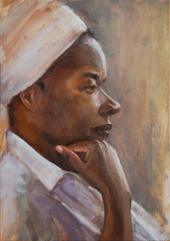 Portrait of Morimba, a black woman from profile in contemplation, painted from life in oil paint on canvas by Clara Niniewski