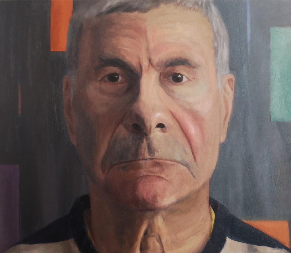 Realistic close-up portrait of a middle aged man with a serious straight gaze painted with oil paints on canvas by Clara Niniewski