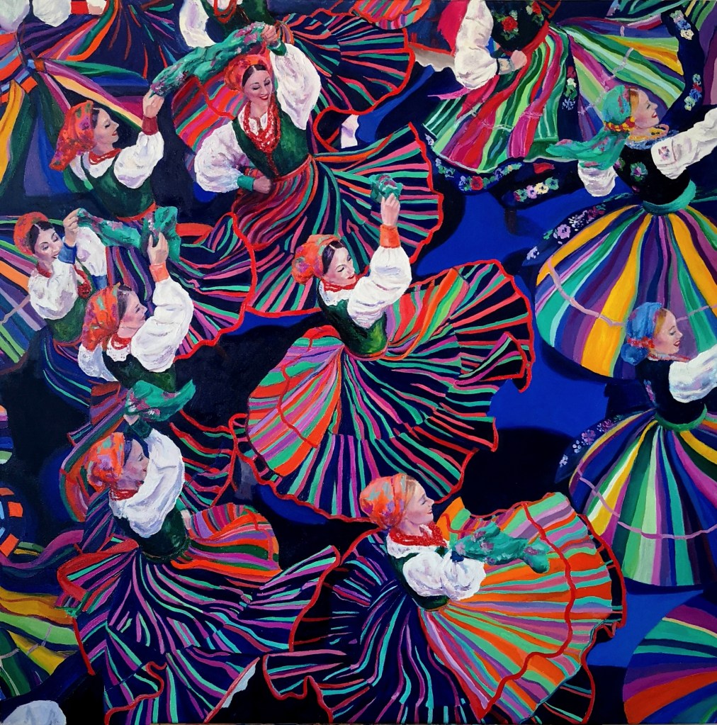 Dancing Colours by Clara Niniewski, an oil painting of Polish Folk Dancers from the Mazowsze group.