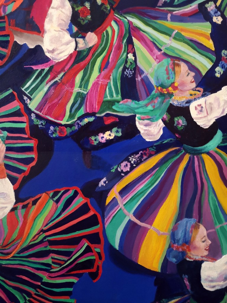 Detail from Dancing Colours by Clara Niniewski, an oil painting of Polish Folk Dancers from the Mazowsze group.