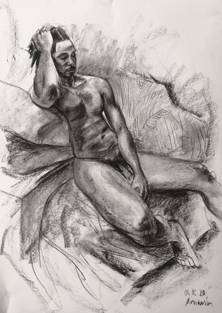 Charcaol drawing of a nude black man seated in a pensive pose drawn from life by Clara Niniewski