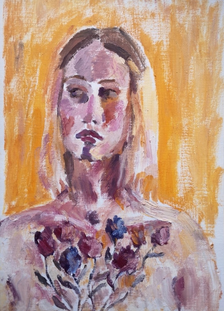 Portrait sketch of a woman with blond hair and a flower bouquet on a yellow background painted with oil paints on paper by Clara Niniewski