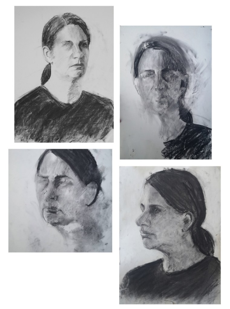 Collage of charcoal drawing studies of Carla, a woman with a ponytail by Clara Niniewski