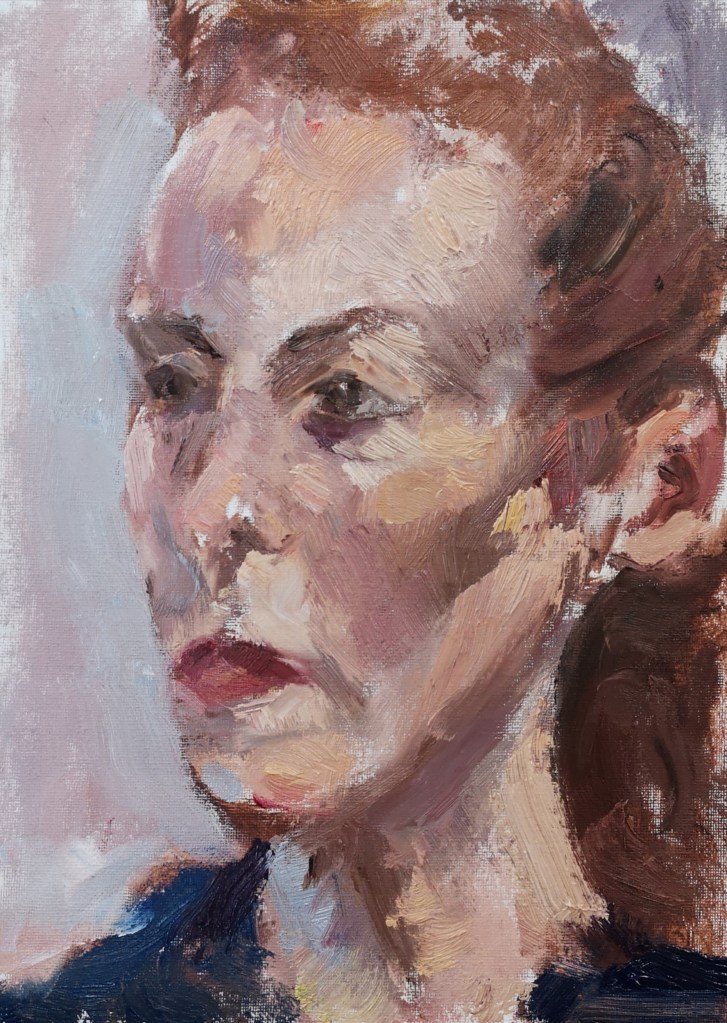 Painting of a lady with red hair, oil on board loosely painted by Clara Niniewski inspired by the work of Tim Benson.
