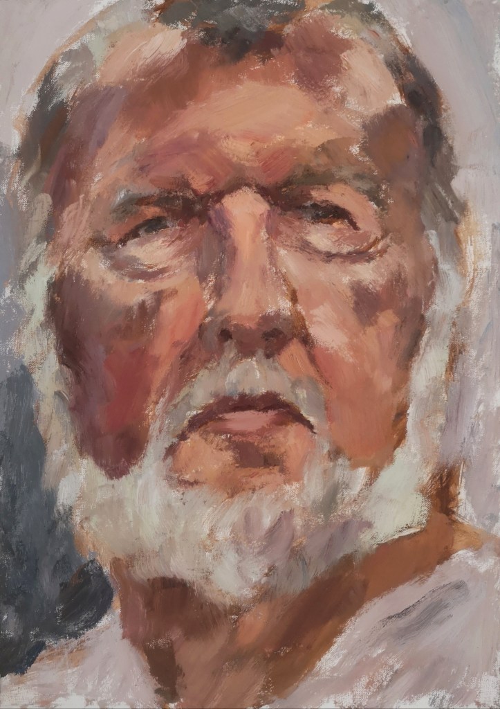 Painting of a Portrait of a man with a white beard, oil on canvas board by Clara Niniewski. The loose paint strokes are inspired by the work of Tim Benson.
