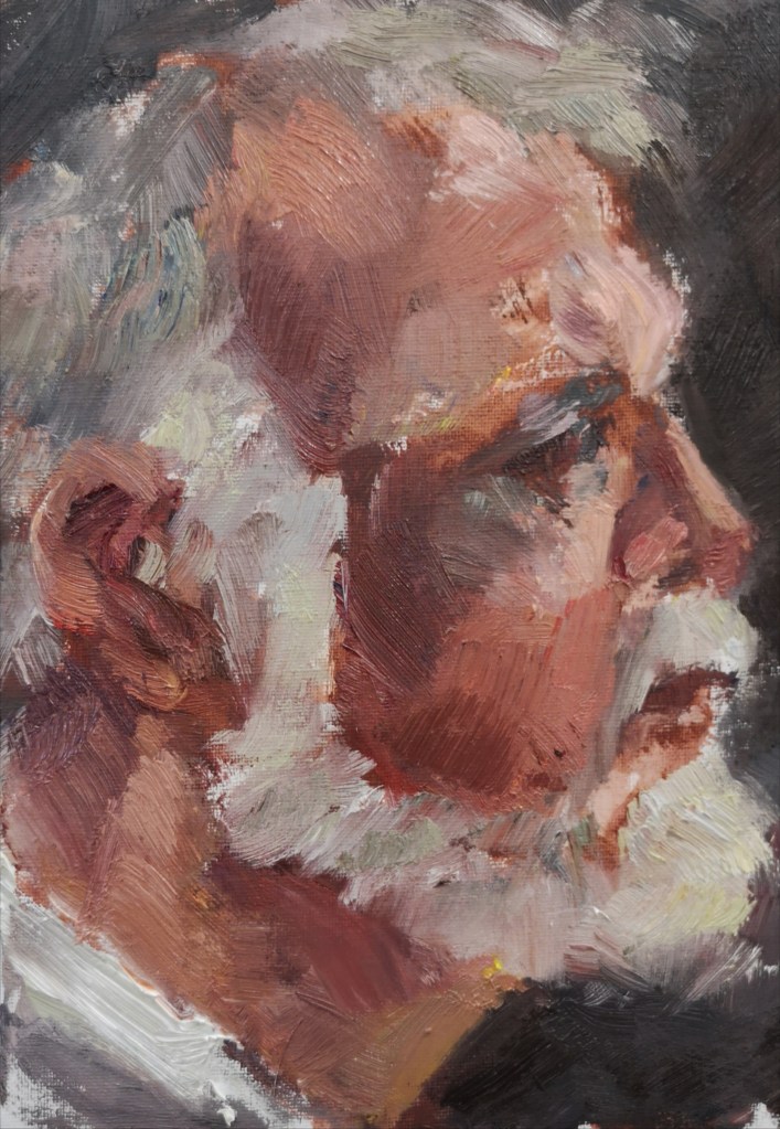 Painting of a profile of a man with a white beard, oil on board by Clara Niniewski inspired by the work of Tim Benson.