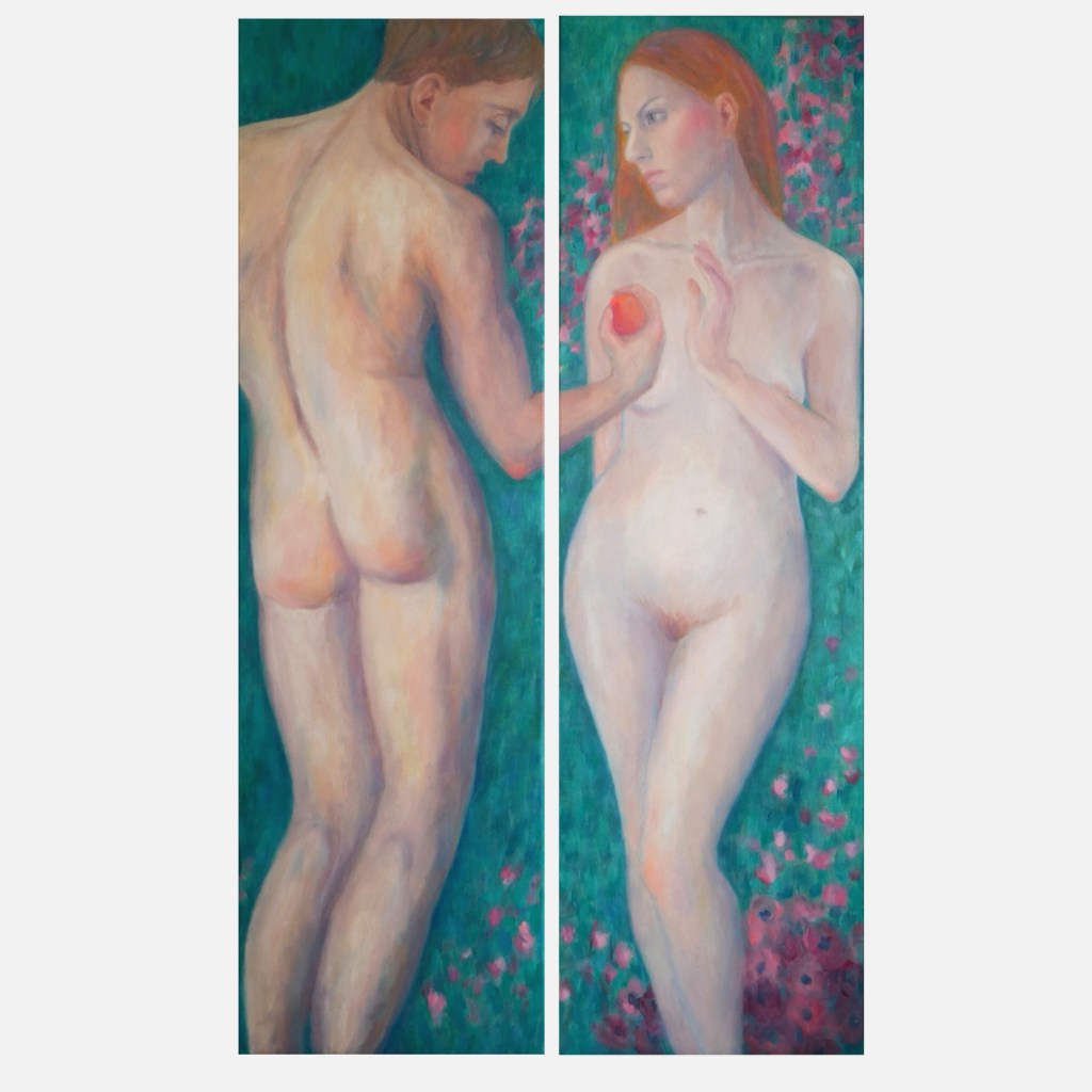 Diptych painting on canvas of Adam and Eve by Clara Niniewski, with a reversal of roles showing Adam holding the forbidden fruit.