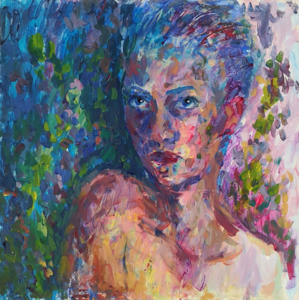 Re-imagined Self by Clara Niniewski painted with acrylics on canvas, with a use of bright colours, cyan blue, bright green, magenta. Woman with short blue hair and blue eyebrows.