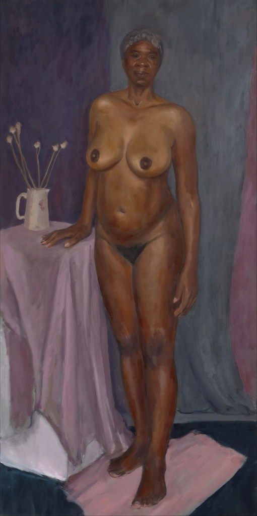 Standing nude, painting by Clara Niniewski of a Nude Black Woman standing next to a jug with flowers against a dark indigo blue and purple background.